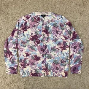 Talbots Women’s Cardigan Sweater L 100% Merino Wool Floral Blue and Purple